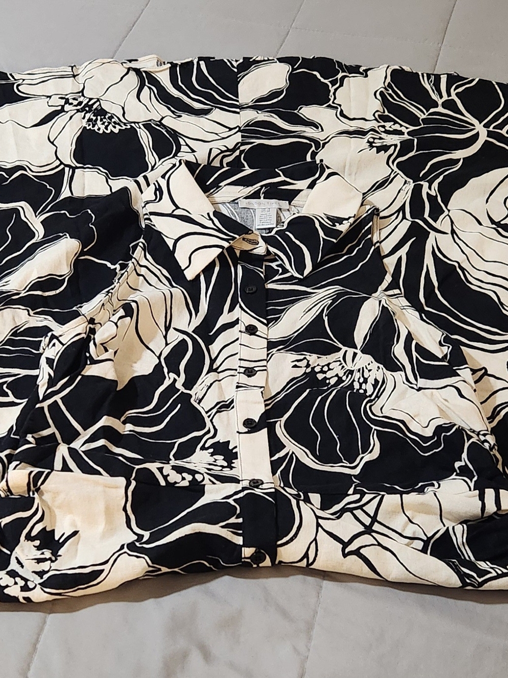 London Times Black and Cream Floral Button-Up Dress.